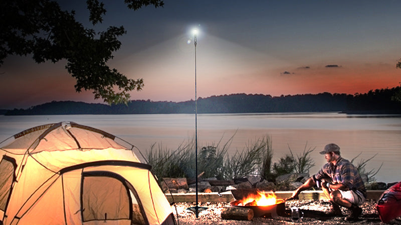 camping and hiking product collection banner featuring an STKR product collage with a larger camping image in the middle.