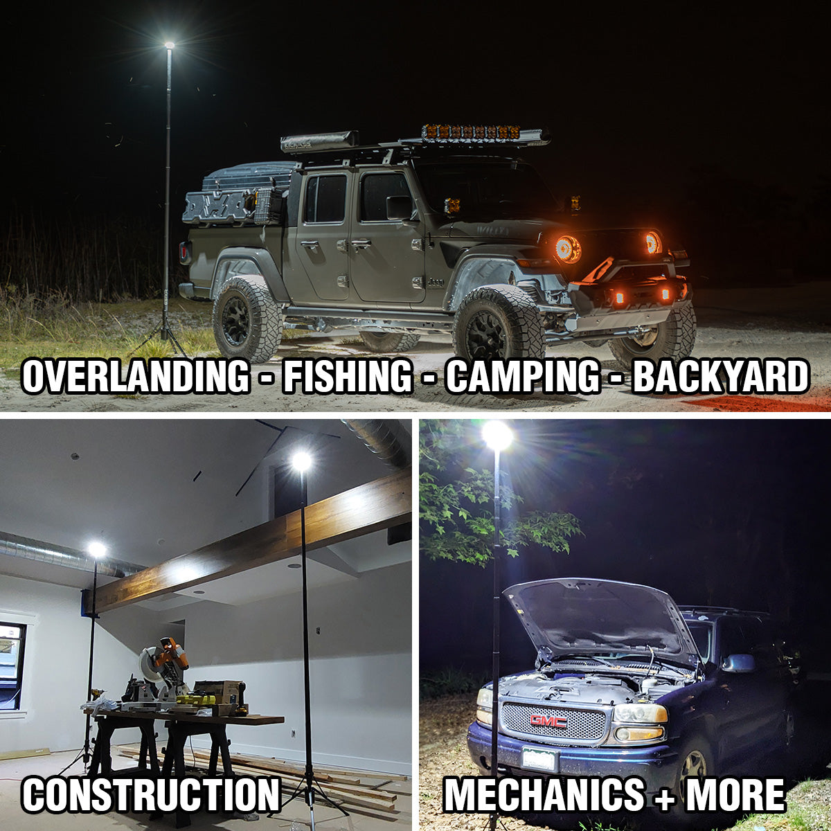 FLi OVER-LANDER 10' Telescoping Light lifestyle images showing and suggesting to use it for overlanding, fishing, camping, backyard, construction, mechanics, and more.