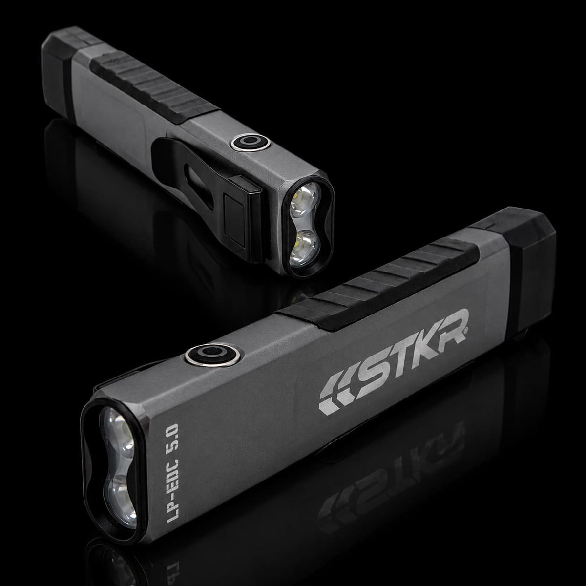 LP-EDC 5.0 Low Profile Everyday Carry "Flat" Flashlight shown from 2 different 3/4 views on white