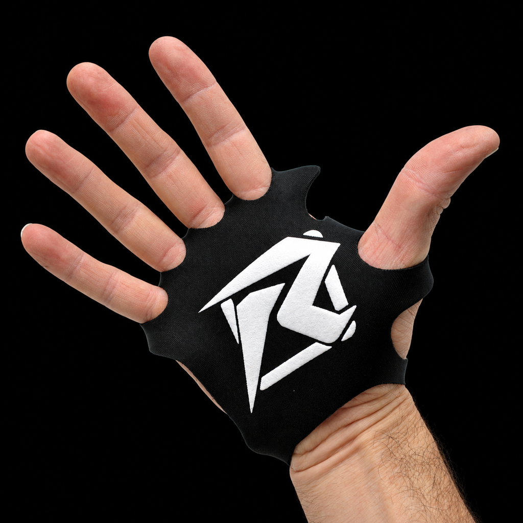 Hand wearing a black Risk Racing palm protector, palm side, on black
