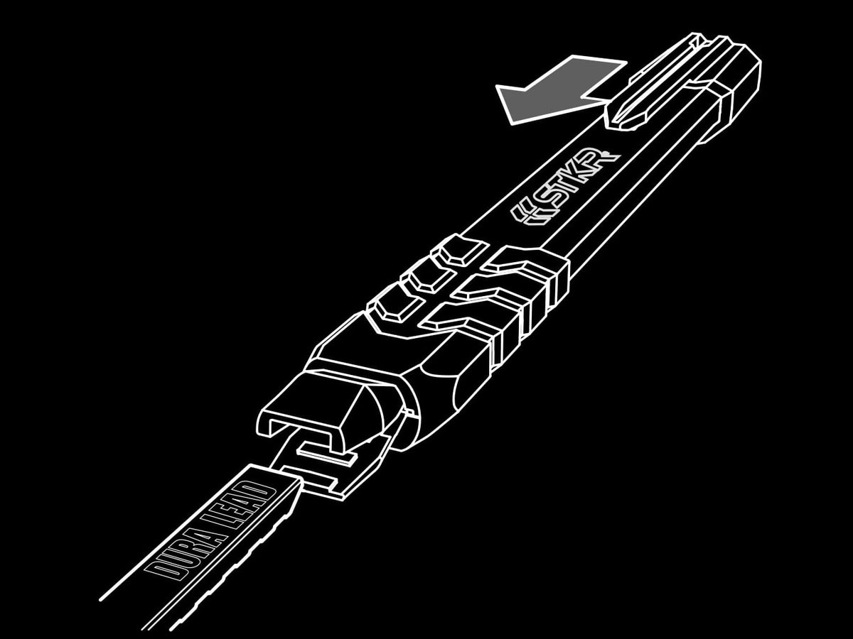 Drawing: inserting DURA Lead into the pencil's jaw, logos facing up