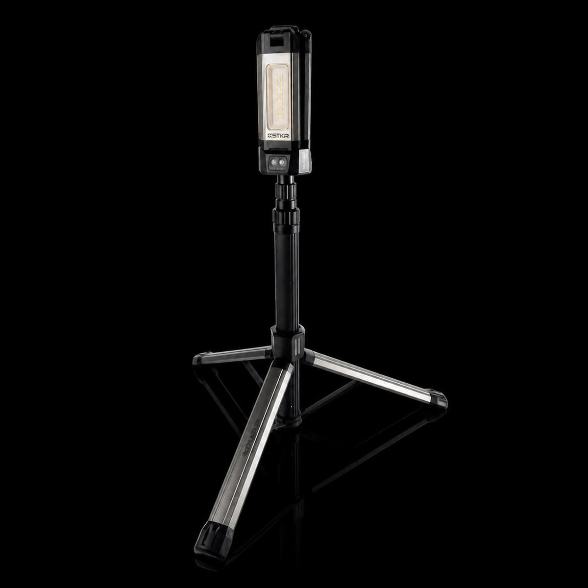 TRi-Mobile Area Work Light - Rechargeable Shoplight with Triple Pivoting LED Light Heads by STKR Concepts - on tripod stand in lantern mode